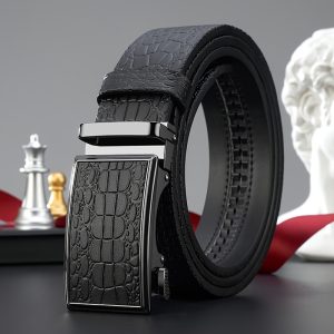 Automatic Buckle Genuine Cowhide Men's Caiman Texture Belt with Business Leather Hardware, Versatile Belt for Pants