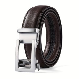 Men'S Automatic Buckle Silvery Buckle Leather Belt Second Layer Cowhide Gray Belt Solid Color Straight Body Belt European And American Trend