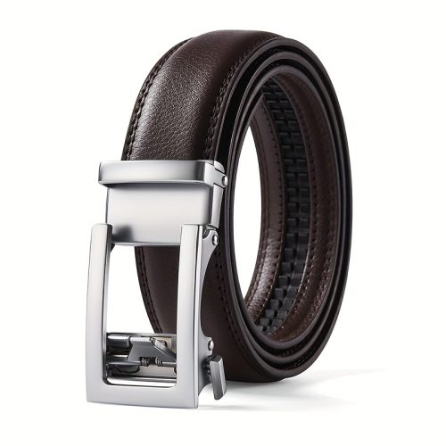 Men'S Automatic Buckle Silvery Buckle Leather Belt Second Layer Cowhide Gray Belt Solid Color Straight Body Belt European And American Trend